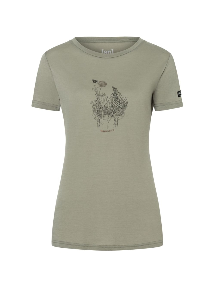 Super Natural Flowerhand Tee Women's Dried Sage/Black Ink/Copper SNWP03134-49B shirts en tops online bestellen bij Kathmandu Outdoor & Travel