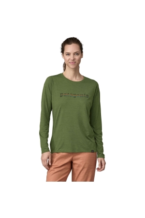 Patagonia Long Sleeve Cool Daily Graphic Shirt Women's '73 Text Logo: Terrain Green X 45205-TTNX shirts en tops online bestellen bij Kathmandu Outdoor & Travel