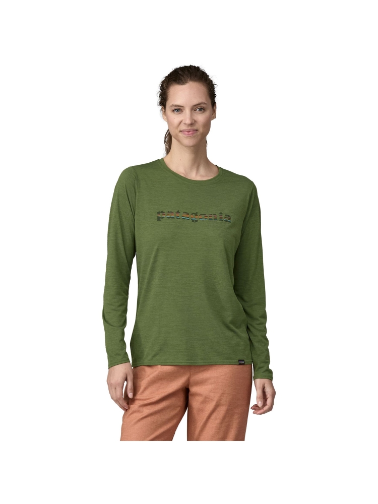 Patagonia Long Sleeve Cool Daily Graphic Shirt Women's '73 Text Logo: Terrain Green X 45205-TTNX shirts en tops online bestellen bij Kathmandu Outdoor & Travel