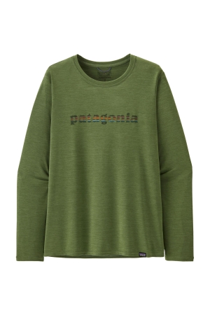 Patagonia Long Sleeve Cool Daily Graphic Shirt Women's '73 Text Logo: Terrain Green X 45205-TTNX shirts en tops online bestellen bij Kathmandu Outdoor & Travel