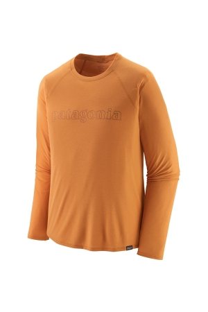 Patagonia  Long Sleeve Cap Cool Trail Graphic Shirt Outline Text Logo: Golden Cara 